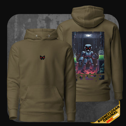 Olive green hoodie from the “Rise” series showing the pixelated cat logo on the front and a robot emerging from a sci-fi lab scene on the back, with glitch effects integrated into the pixel art.