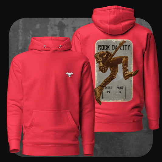 Red hoodie with dynamic rock concert design on the back and subtle chest logo – “Rock Da City” by RodneyLogan.