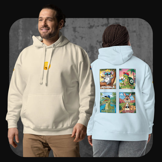 Models wearing RodneyLogan hoodies in bone and ocean blue with back print featuring four Australian cartoon animals.