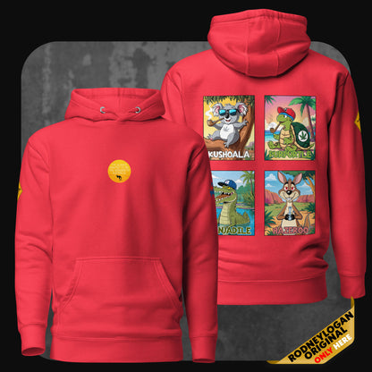 Bright red hoodie with four-panel cartoon print of animals from Australia and signature RodneyLogan front design.