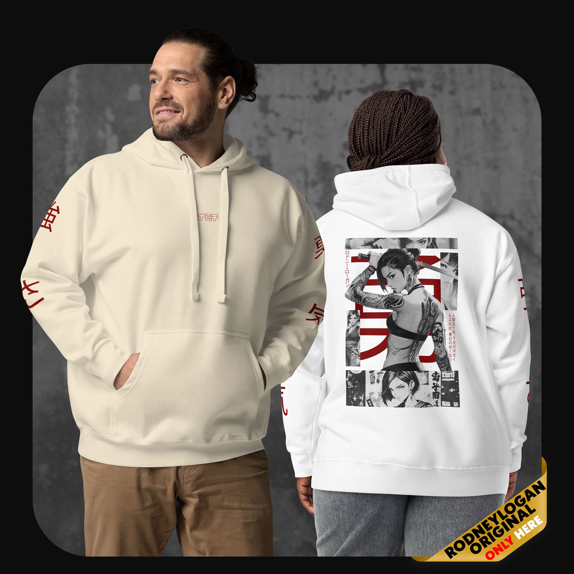 Two models wearing the “YUNA” hoodie in bone and white colors, showcasing the front and back manga design with bold red kanji.
