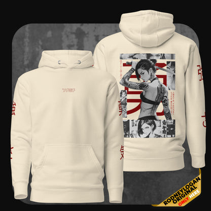 Bone-colored hoodie with detailed anime-style samurai artwork on the back and red Japanese characters on the sleeves, viewed from front and back.
