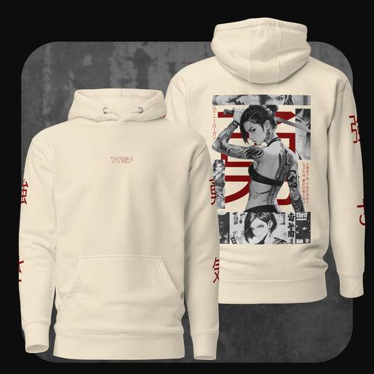 Bone-colored hoodie with detailed anime-style samurai artwork on the back and red Japanese characters on the sleeves, viewed from front and back.