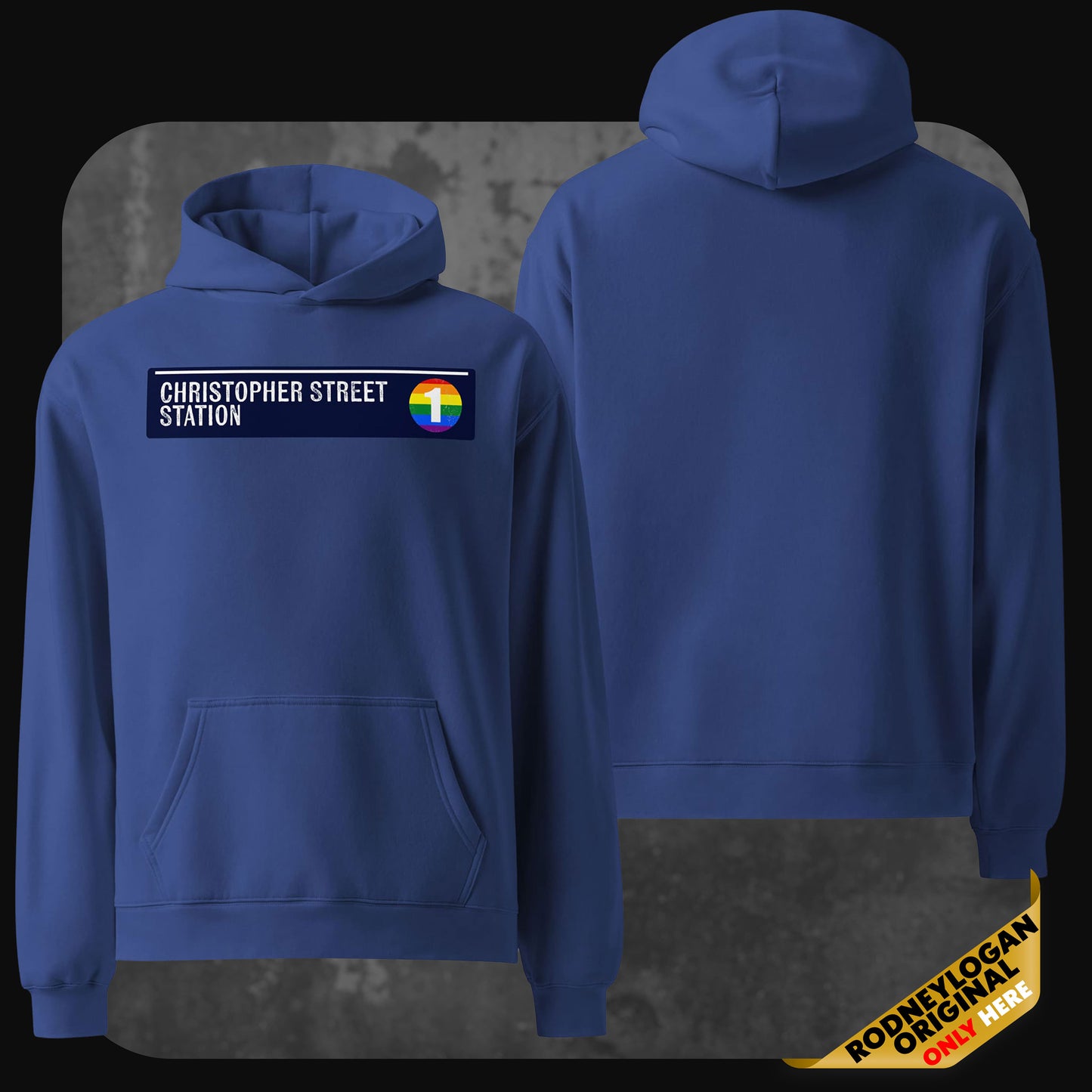 Front and back view of a blue hoodie featuring a “Christopher Street Station” patch with a rainbow subway logo on the front.