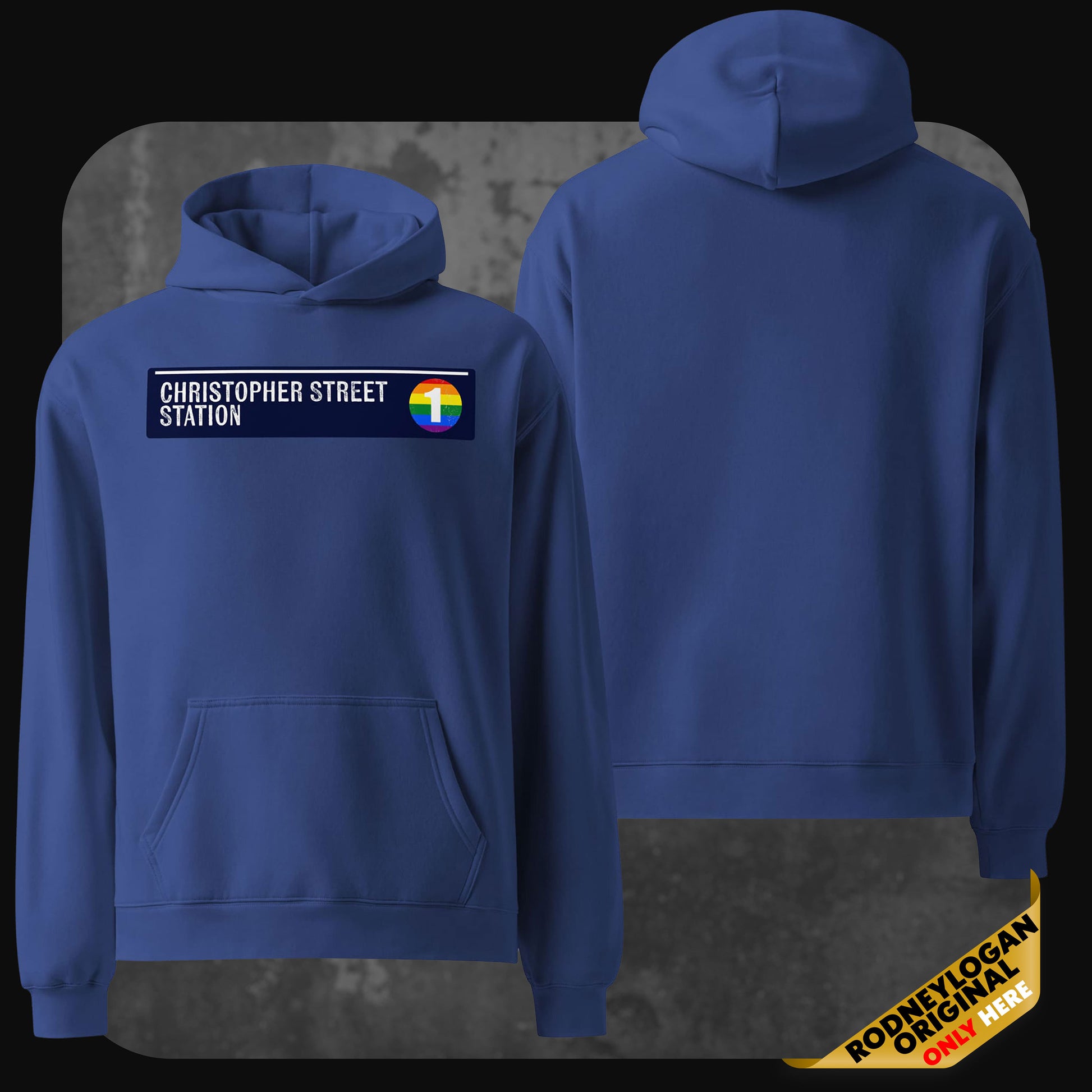 Front and back view of a blue hoodie featuring a “Christopher Street Station” patch with a rainbow subway logo on the front.