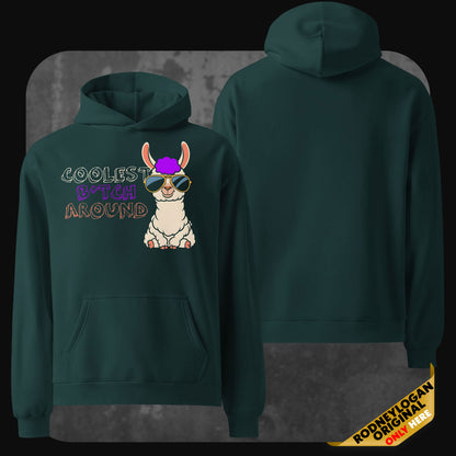 A dark green hoodie with the same colorful graphic and text design of the llama on the front. The back of the hoodie remains plain green.