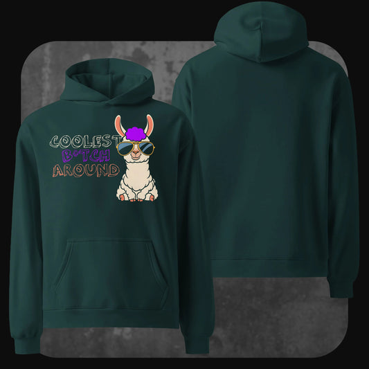 A dark green hoodie with the same colorful graphic and text design of the llama on the front. The back of the hoodie remains plain green.