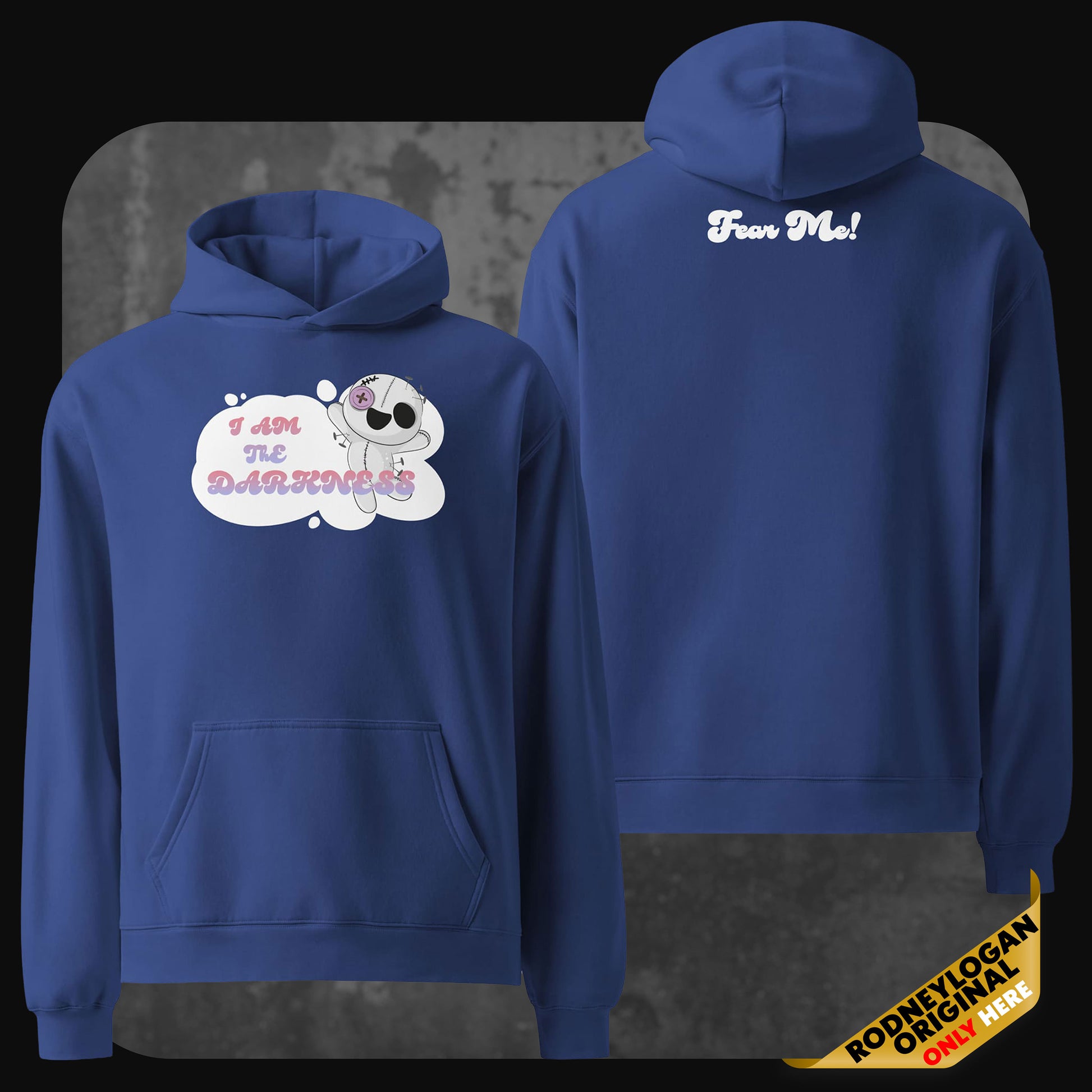 Front and back view of a royal blue oversized hoodie with the same cartoon skeleton and “I AM THE DARKNESS” text on the front. The back displays “Fear Me!” in white, placed at the top below the hood.