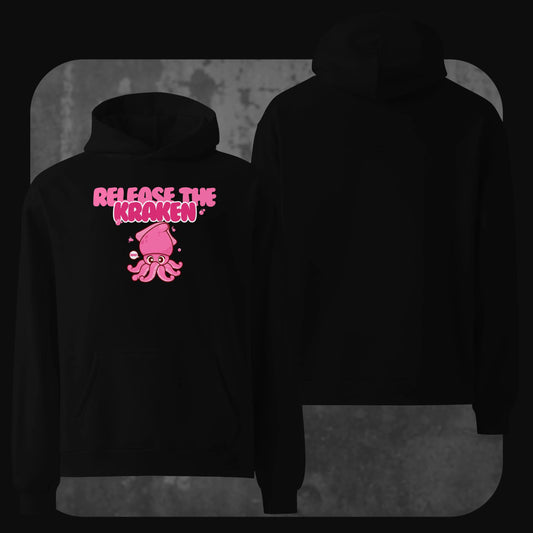 Black oversized hoodie shown from front and back, with a cute pink squid and the phrase “Release the Kraken” in bright pink bubble letters centered on the chest. The back is entirely black.