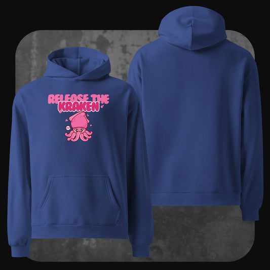 Front and back view of a royal blue oversized hoodie showing a cheerful pink squid graphic and the phrase “Release the Kraken” across the chest in bubble lettering. The back remains solid blue without print.