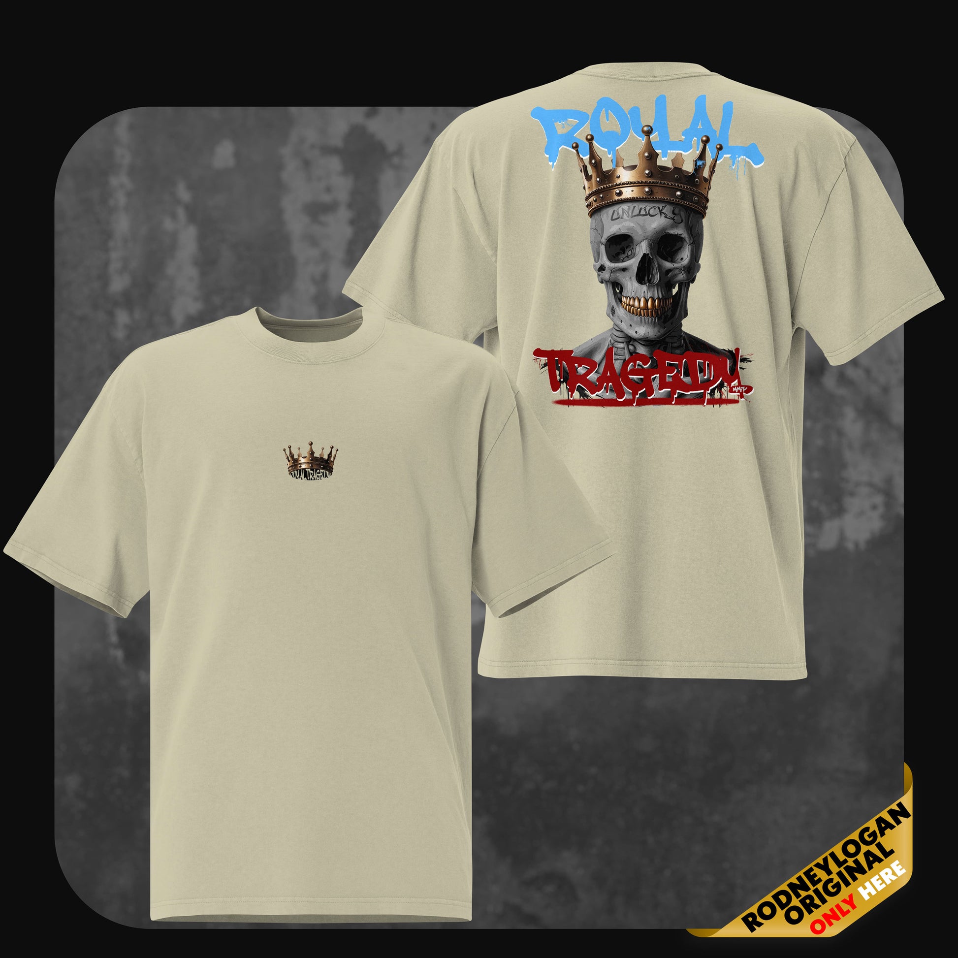 Faded eucalyptus t-shirt with a vivid back graphic of a crowned skull paired with bold blue and red graffiti-style text. Front features a minimal crown design in the center of the chest.