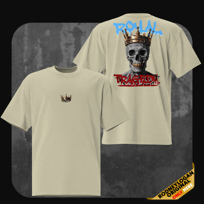 Faded eucalyptus t-shirt with a vivid back graphic of a crowned skull paired with bold blue and red graffiti-style text. Front features a minimal crown design in the center of the chest.