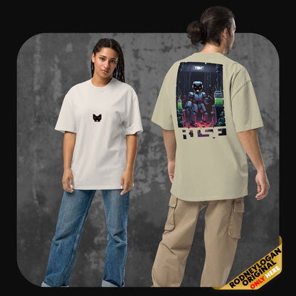 Two models wearing oversized t-shirts. The front shows a small pixelated black cat face with red eyes. The back features a vibrant sci-fi illustration of a robot in a laboratory with neon green liquids and the word “RISE” in a glitchy font.
