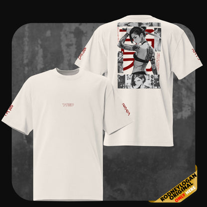 Rodney Logan oversized T-shirt “Yuna” in faded bone, shown front and back. The front has minimal Japanese script, the back features a manga-style female warrior with Japanese flag elements.