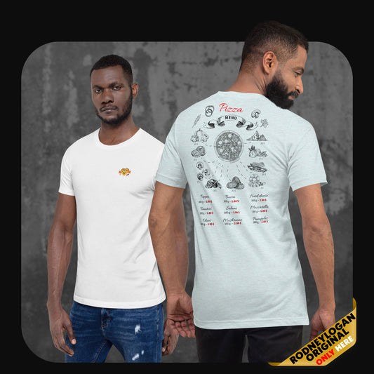 Two models wearing pizza-themed shirts—white with pizza icon front and menu back, and light silver with full illustrated pizza menu on the back.