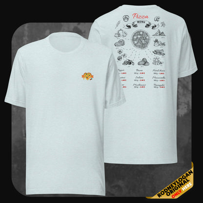 Light mint pizza graphic tee with front pizza icon and vintage-style ingredient guide on the back.