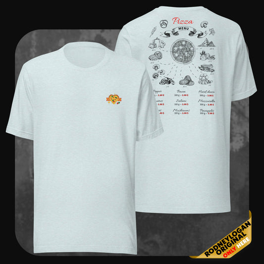 Light mint pizza graphic tee with front pizza icon and vintage-style ingredient guide on the back.