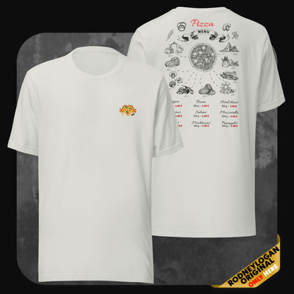Silver pizza t-shirt with embroidered chest logo and hand-drawn pizza toppings menu printed on the back.