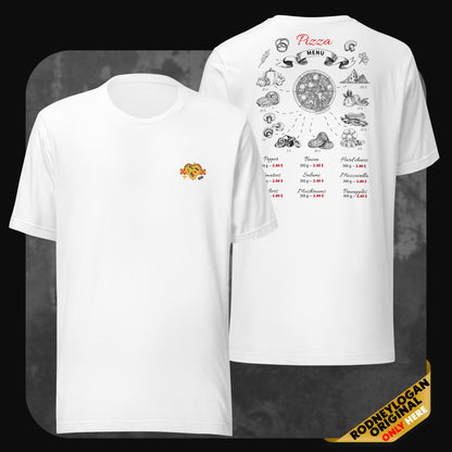 White t-shirt with a small embroidered pizza graphic on the chest and a detailed illustrated pizza menu design on the back.