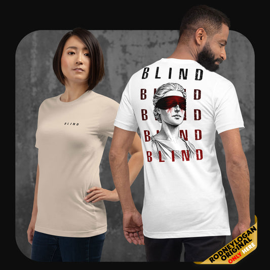 Two people wearing RodneyLogan “Blind” graphic t-shirts, front with minimalist logo and back with blindfolded statue design.