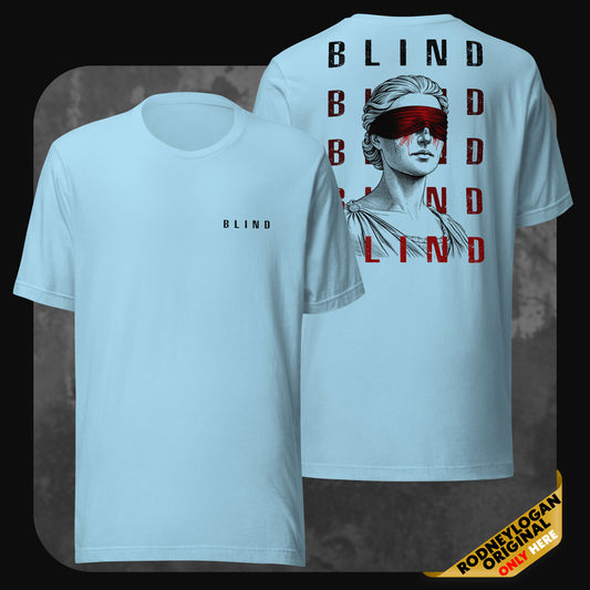 Light blue “Blind” t-shirt by RodneyLogan, front logo and artistic statue graphic with repeated typography on back.