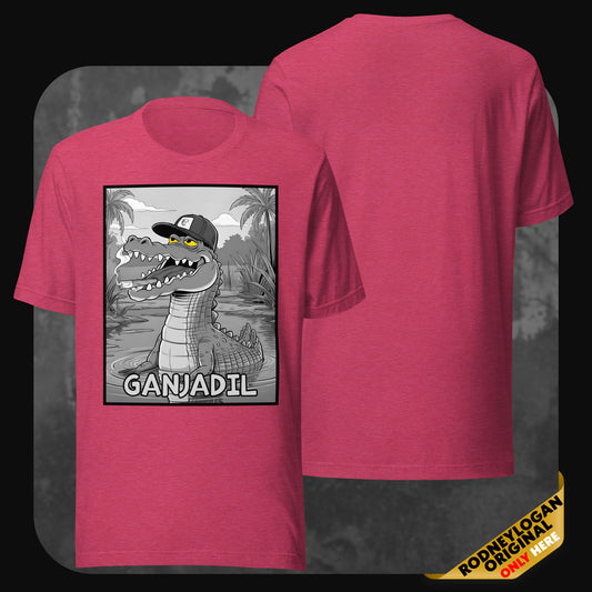 Heather raspberry GANJADIL T-shirt from RodneyLogan featuring an illustrated alligator in a comic-style jungle scene.