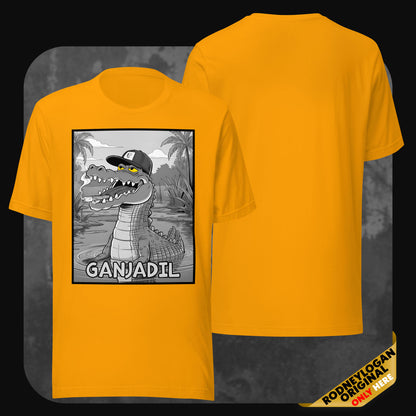 Yellow GANJADIL T-shirt from RodneyLogan with bold cartoon alligator design printed on the front.