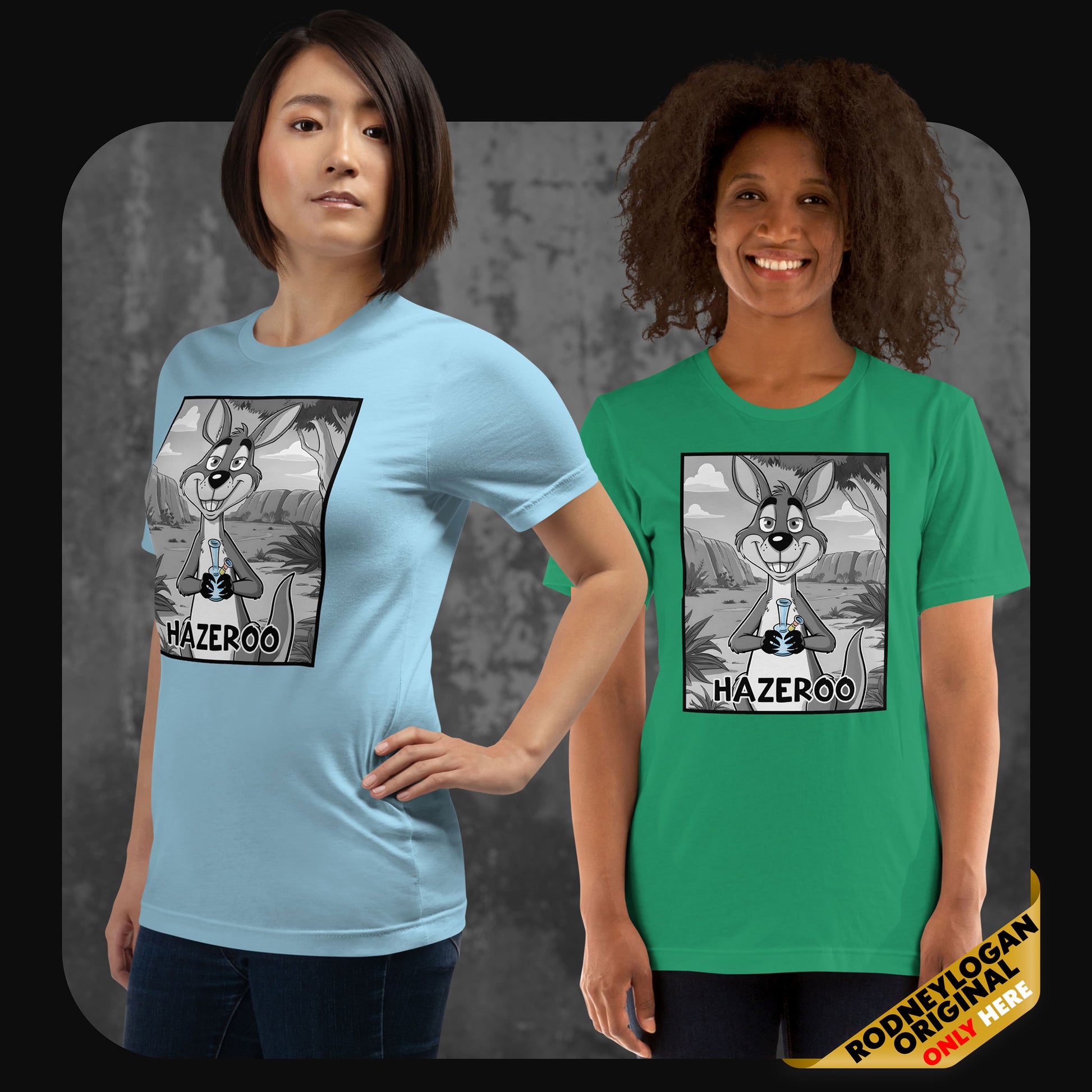 Two models wearing RodneyLogan’s HazerOo T-shirts in ocean blue and green, showing a fun stoner kangaroo print.