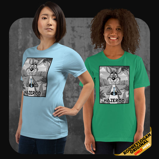 Two models wearing RodneyLogan’s HazerOo T-shirts in ocean blue and green, showing a fun stoner kangaroo print.