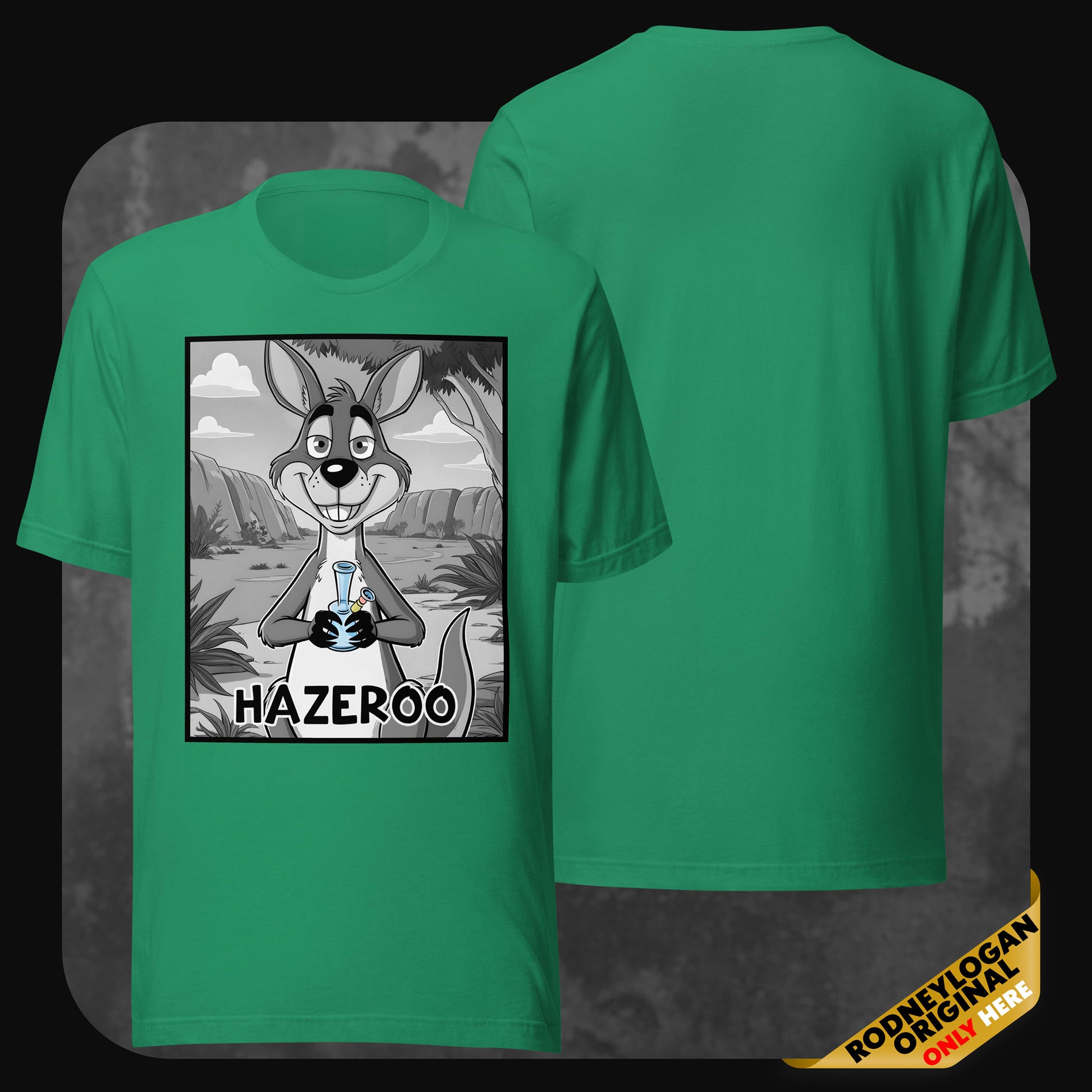 Front and back view of the HazerOo graphic T-shirt by RodneyLogan in green, with cartoon artwork of a kangaroo with a bong.