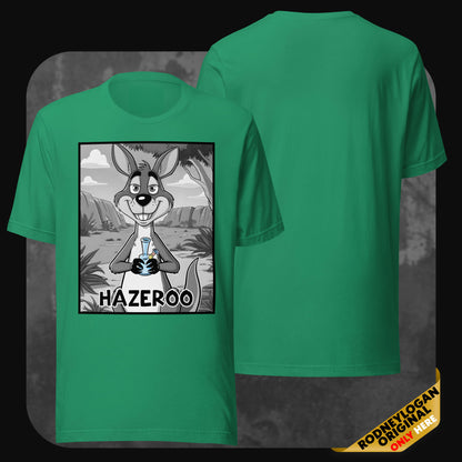 Front and back view of the HazerOo graphic T-shirt by RodneyLogan in green, with cartoon artwork of a kangaroo with a bong.