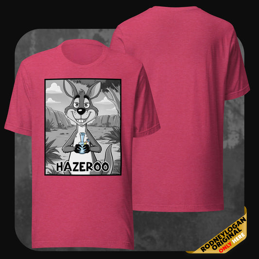 RodneyLogan HazerOo T-shirt in heather raspberry, featuring a high-contrast black-and-white cartoon kangaroo design.