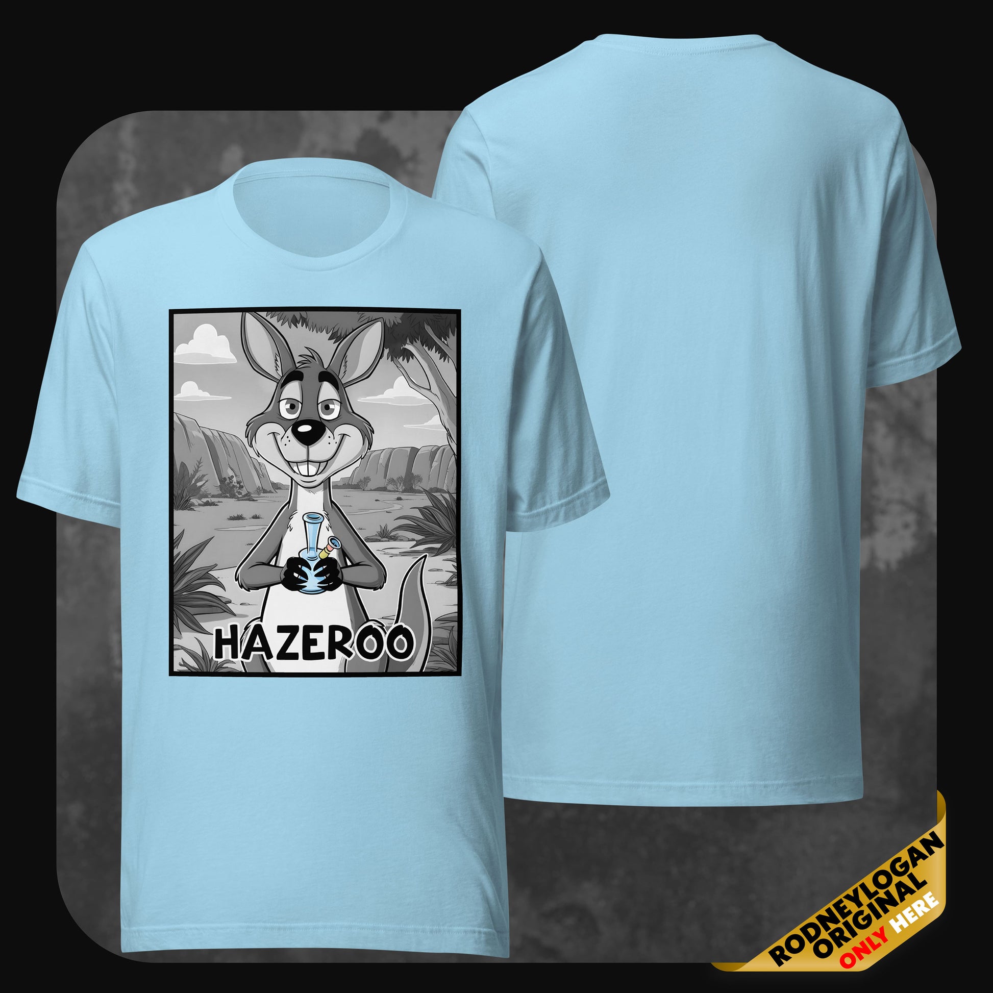 Front and back view of RodneyLogan’s HazerOo graphic T-shirt in ocean blue, featuring a cartoon kangaroo holding a bong.