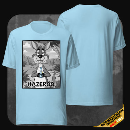 Front and back view of RodneyLogan’s HazerOo graphic T-shirt in ocean blue, featuring a cartoon kangaroo holding a bong.