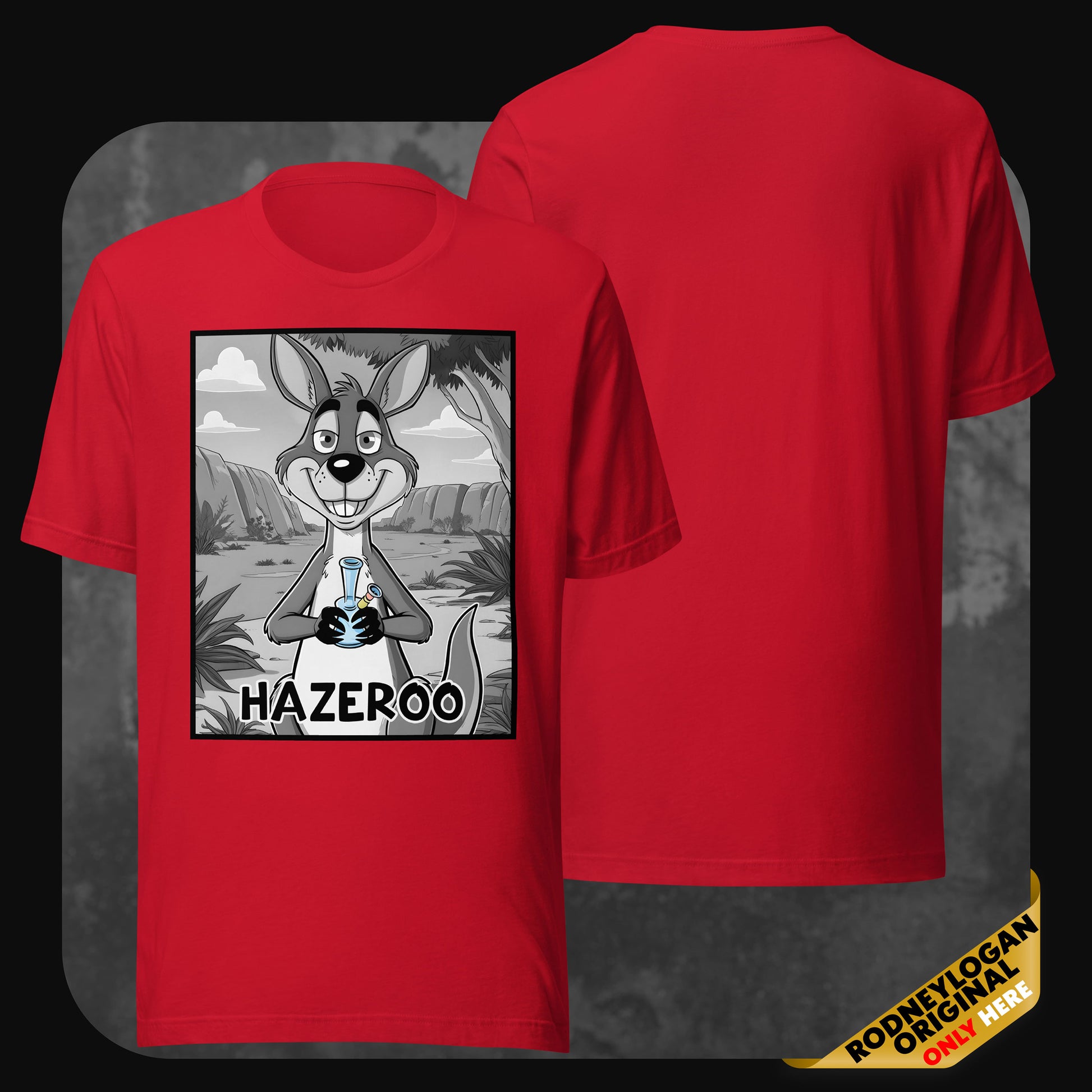 Bold red RodneyLogan T-shirt with the HazerOo cartoon graphic, showing a grinning kangaroo with a bong in a desert landscape.