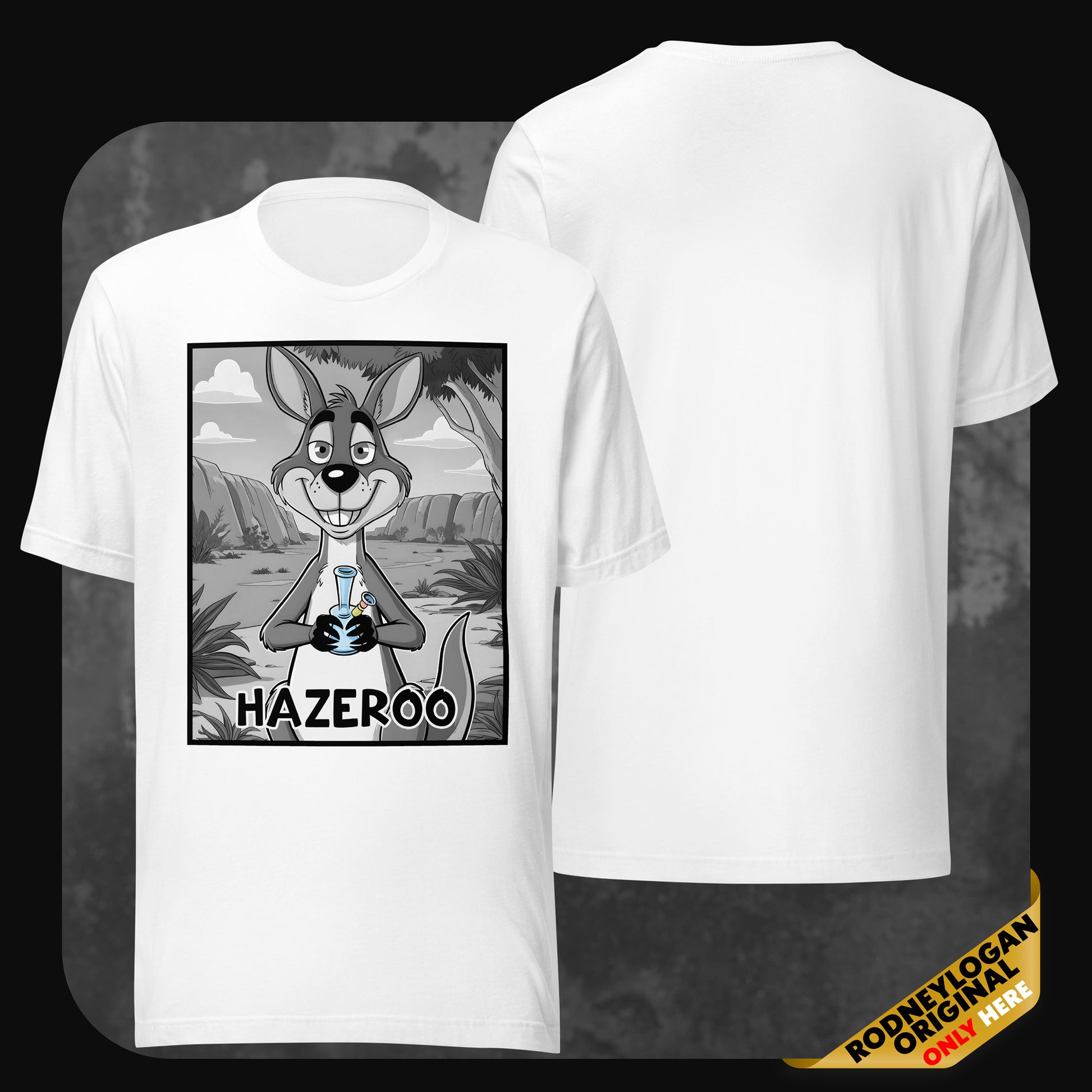 Front and back view of RodneyLogan’s HazerOo T-shirt in white, with a bold black-and-white cartoon print of a kangaroo with a bong.