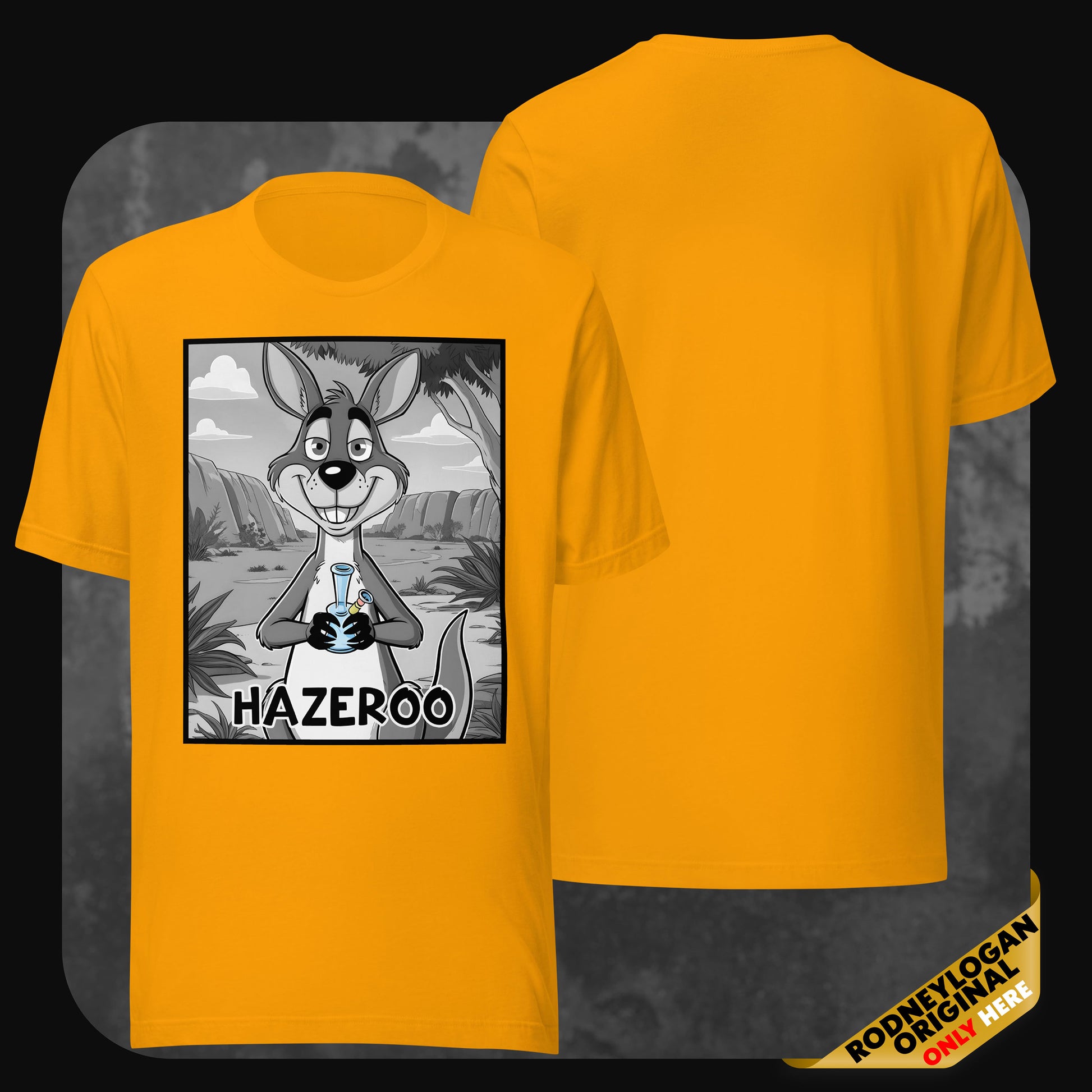 RodneyLogan HazerOo T-shirt in bright yellow, showcasing a playful kangaroo cartoon holding a bong in an outback setting.