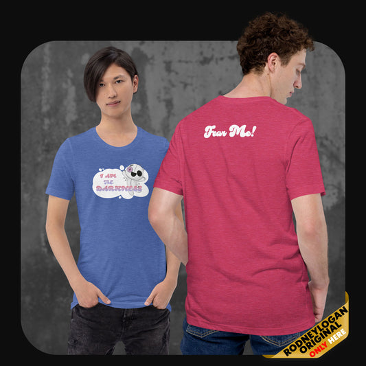 Two models wearing the t-shirts, one in blue from the front, the other in berry from the back, both displaying the “I AM THE DARKNESS / Fear Me!” design.