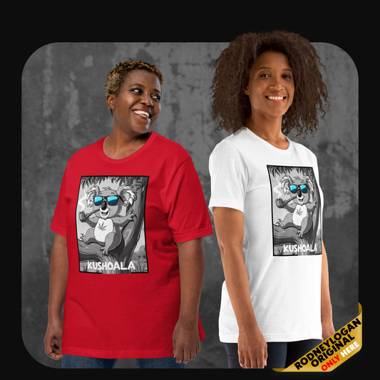 Two models wearing Kushoala T-shirts in red and white with koala smoking illustration and relaxed vibe – RodneyLogan streetwear.