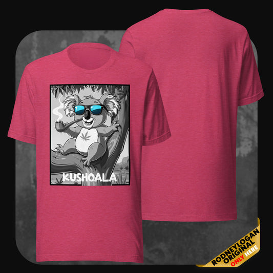 Koala cartoon graphic with sunglasses and pipe on a pink heather unisex T-shirt – RodneyLogan Kushoala series.