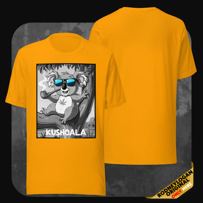 Bright yellow T-shirt with humorous smoking koala cartoon – Kushoala print from RodneyLogan apparel collection.