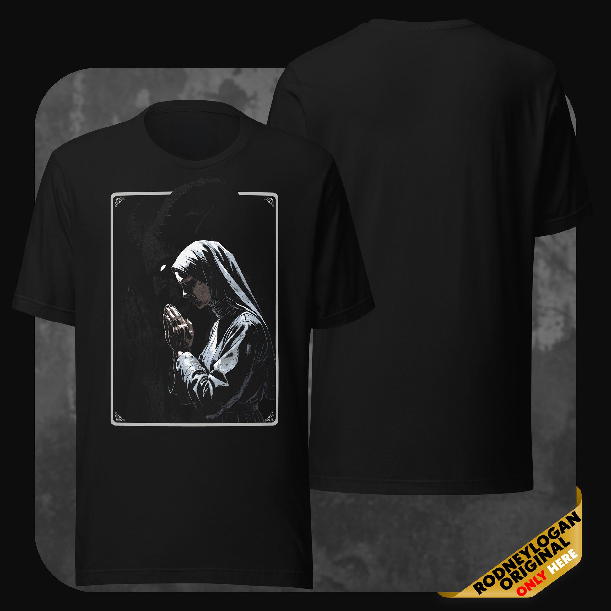 Black hoodie featuring an illustrated nun in prayer on the front, framed in white lines with a dark shadowy figure in the background; the back is plain black.