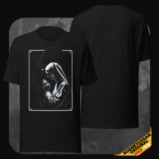 Black hoodie featuring an illustrated nun in prayer on the front, framed in white lines with a dark shadowy figure in the background; the back is plain black.