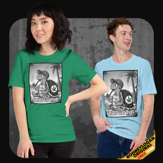 Model wearing green and ocean blue t-shirts with chill turtle character "Purpurtle" smoking, cartoon print by RodneyLogan.
