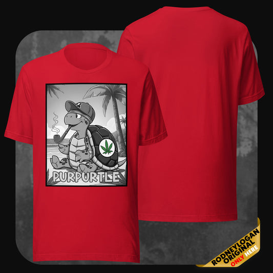 Heather raspberry t-shirt with stoner turtle "Purpurtle" cartoon print relaxing with a pipe under palm trees.
