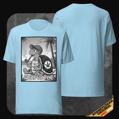 Ocean blue t-shirt with laid-back turtle character "Purpurtle" smoking a pipe on the beach, printed in grayscale with green cannabis detail.
