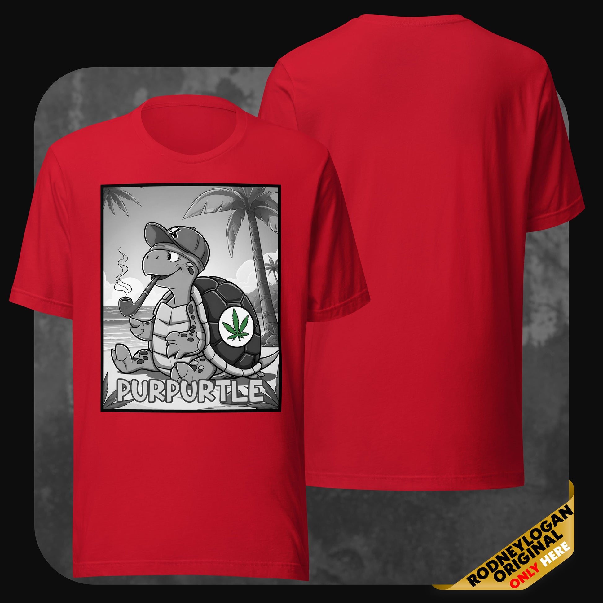 Bold red t-shirt with cartoon turtle "Purpurtle" smoking and relaxing on a tropical beach, designed by RodneyLogan.