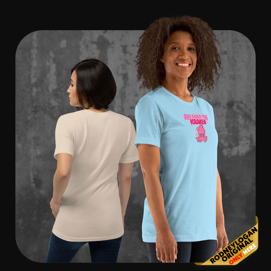 Two women wearing ‘Release the Kraken’ T-shirts; one in sky blue with the front design visible, and the other in cream showing the plain back.