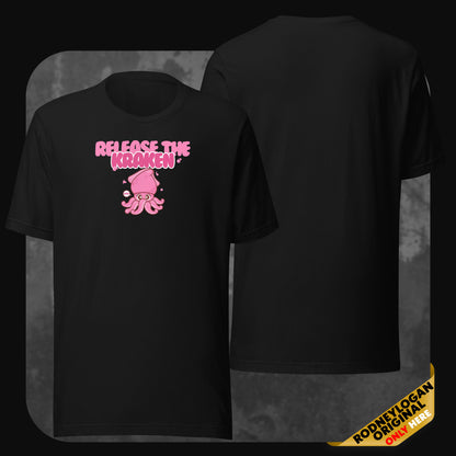 Black T-shirt with a cheerful pink squid and ‘Release the Kraken’ phrase in large pink font, centered on the chest, shown front and back.