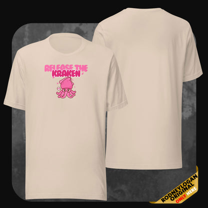 Cream-colored T-shirt with a centered pink cartoon squid and ‘Release the Kraken’ text above, shown from front and back.